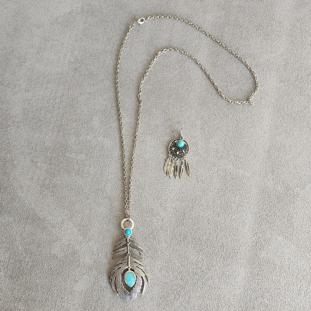 Southwestern lot necklace earring feather silver tone chain long folk art boho